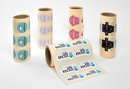 Roll of self-adhesive labels on white opaque vinyl