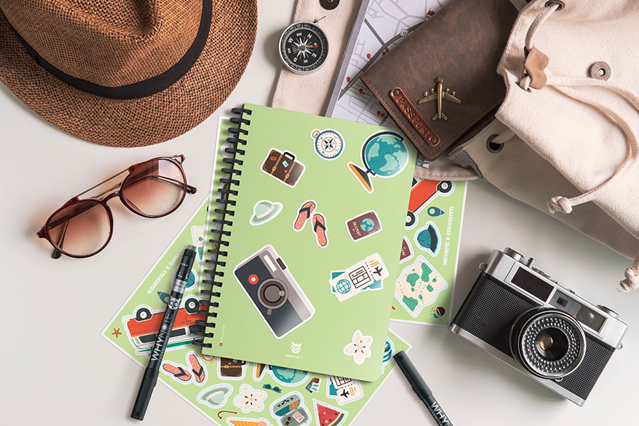 A customisable notebook with resilient stickers made in Switzerland